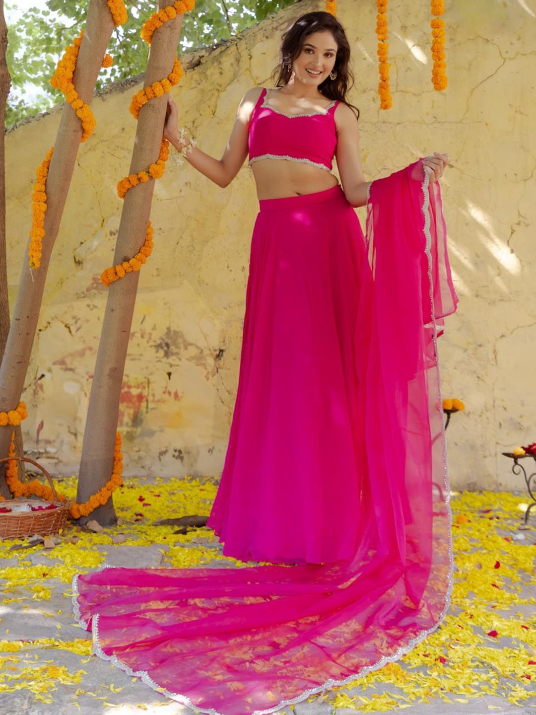 

DEASHA INDIA Embellished Georgette Ready To Wear Lehenga & Blouse With Dupatta, Pink