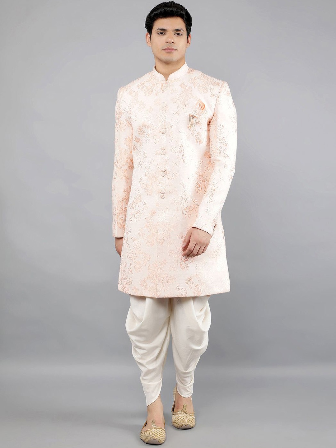 

Manish Creations Self-Design Sherwani Set, Peach