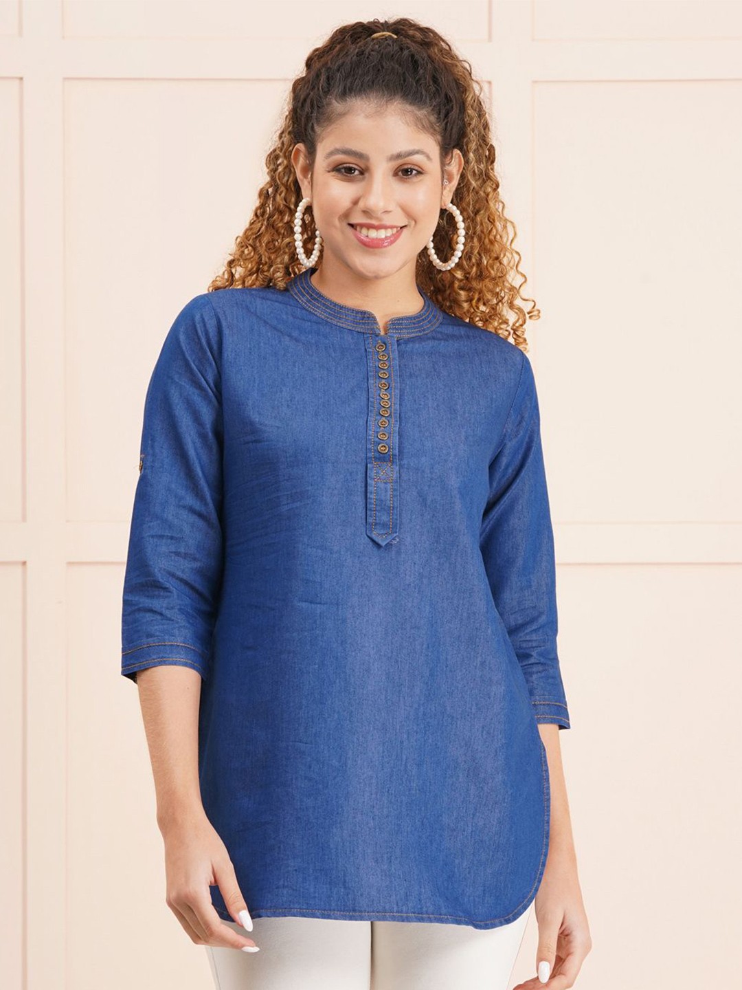 

Lahaba Women Solid Mandarin Collar Denim Tunic, Blue