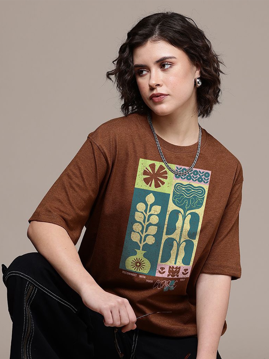 

The Roadster Lifestyle Co. Women Graphic Printed Round Neck Cotton Oversized T-shirt, Brown