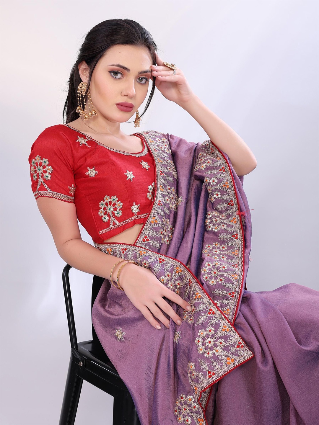

HERE&NOW Embellished Embroidered Silk Blend Saree, Lavender