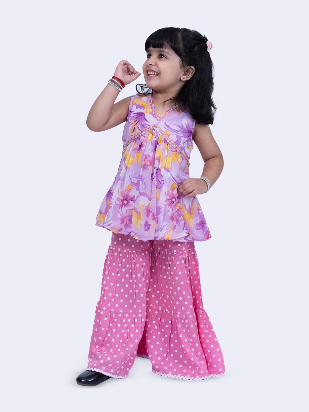 

Twisha Floral Printed V-Neck Empire A-Line Kurta With Sharara, Mauve