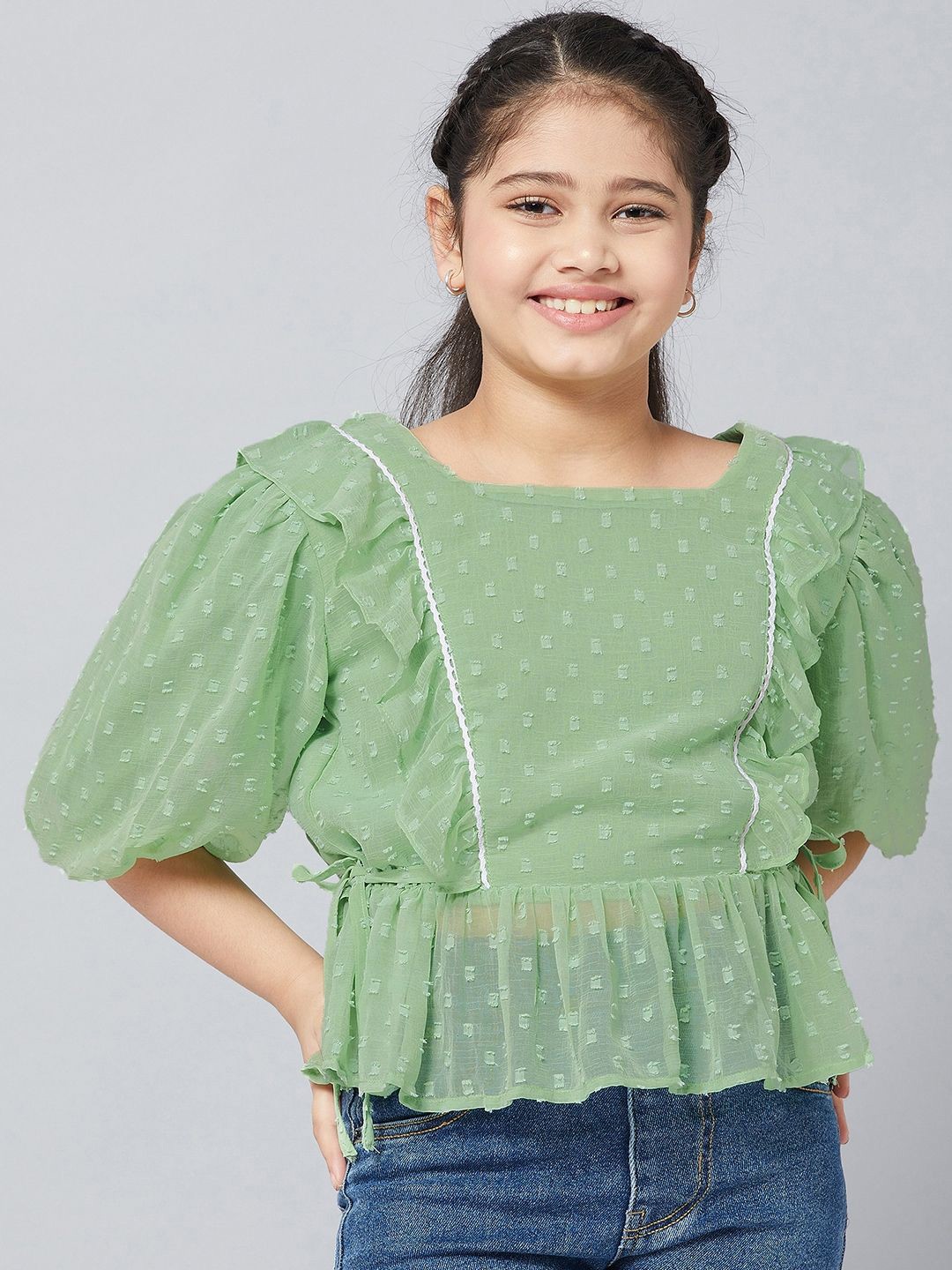 

Stylo Bug Puff Sleeve Cinched Waist Top, Green