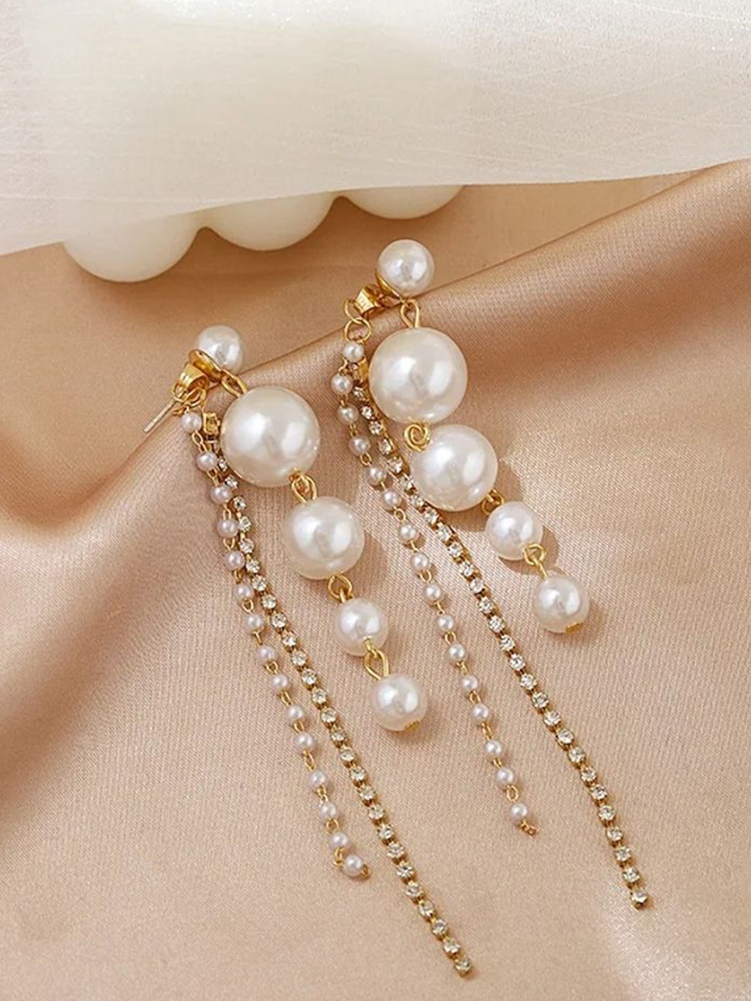 

Celestique Artificial Stones Studded And Pearls Beaded Contemporary Shaped Drop Earrings, White