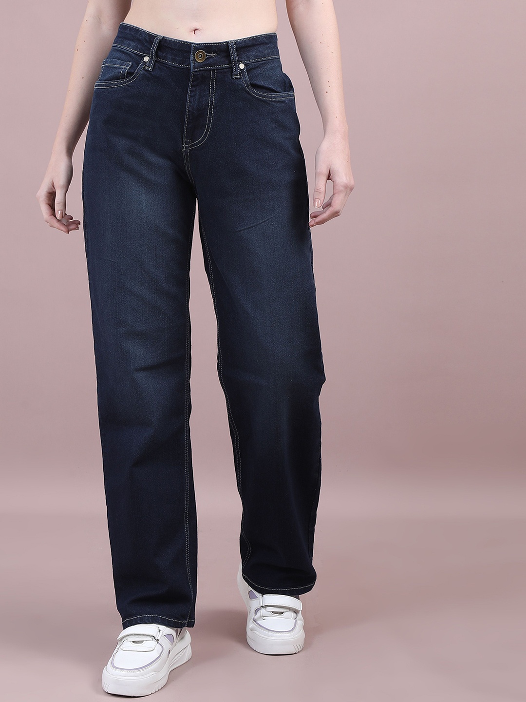 

FLYTIVE Women Comfort Dad Fit High-Rise Light Fade Stretchable Jeans, Blue