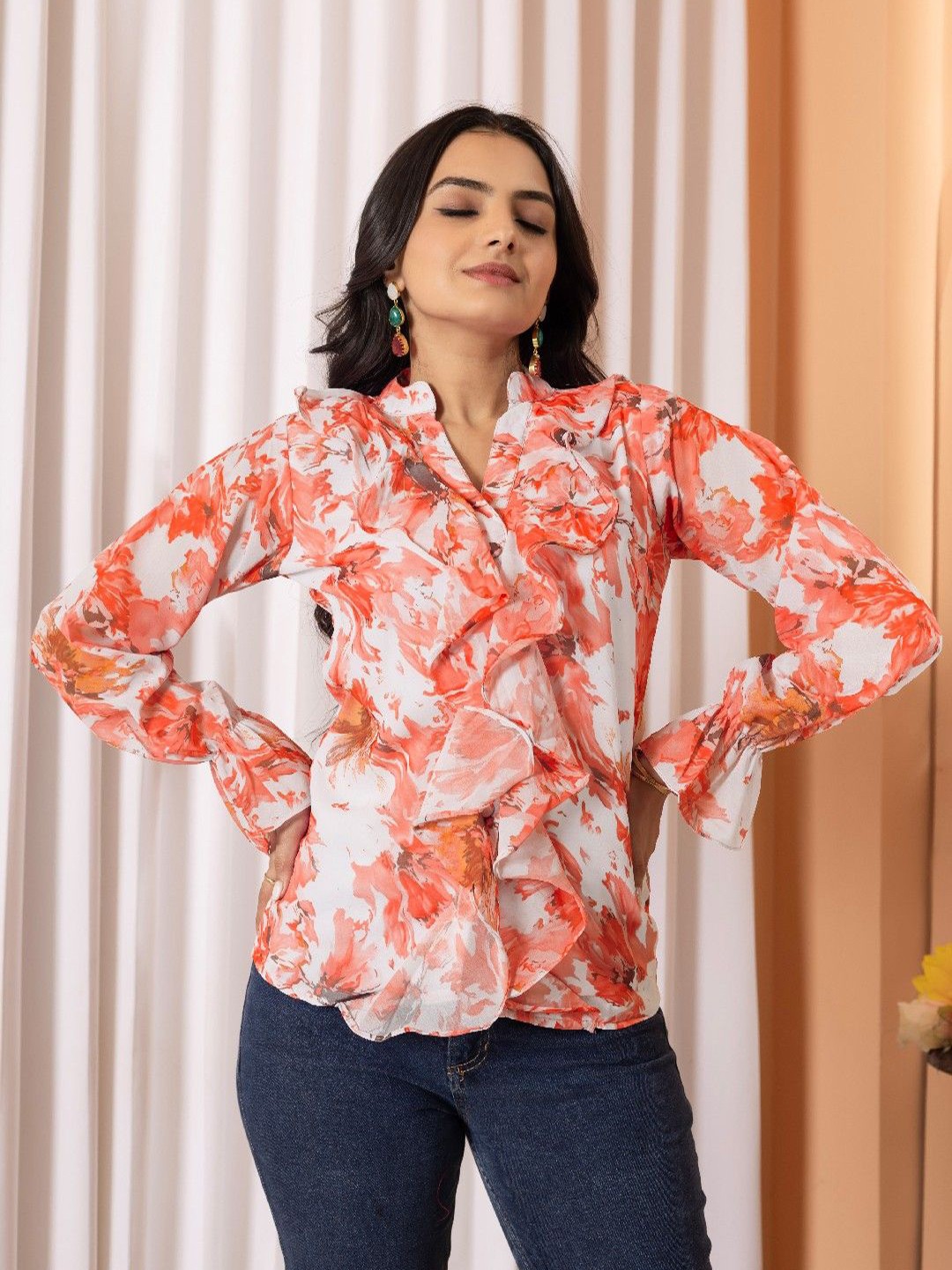 

Tilton Women Floral Printed Mandarin Collar Regular Fit Top, Orange