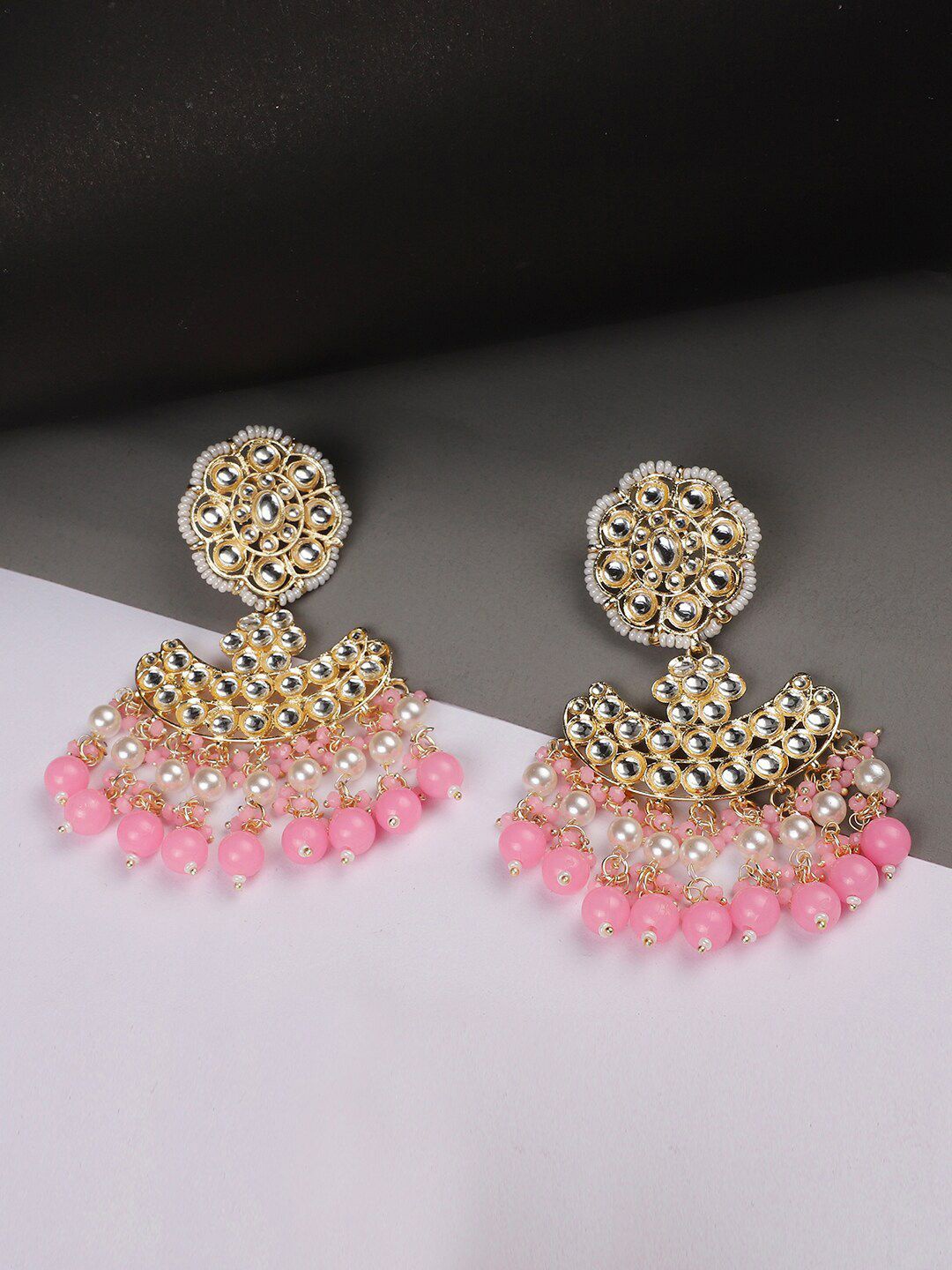 

Anouk Gold-Plated Artificial Stones Studded & Beaded Crescent Shaped Drop Earrings