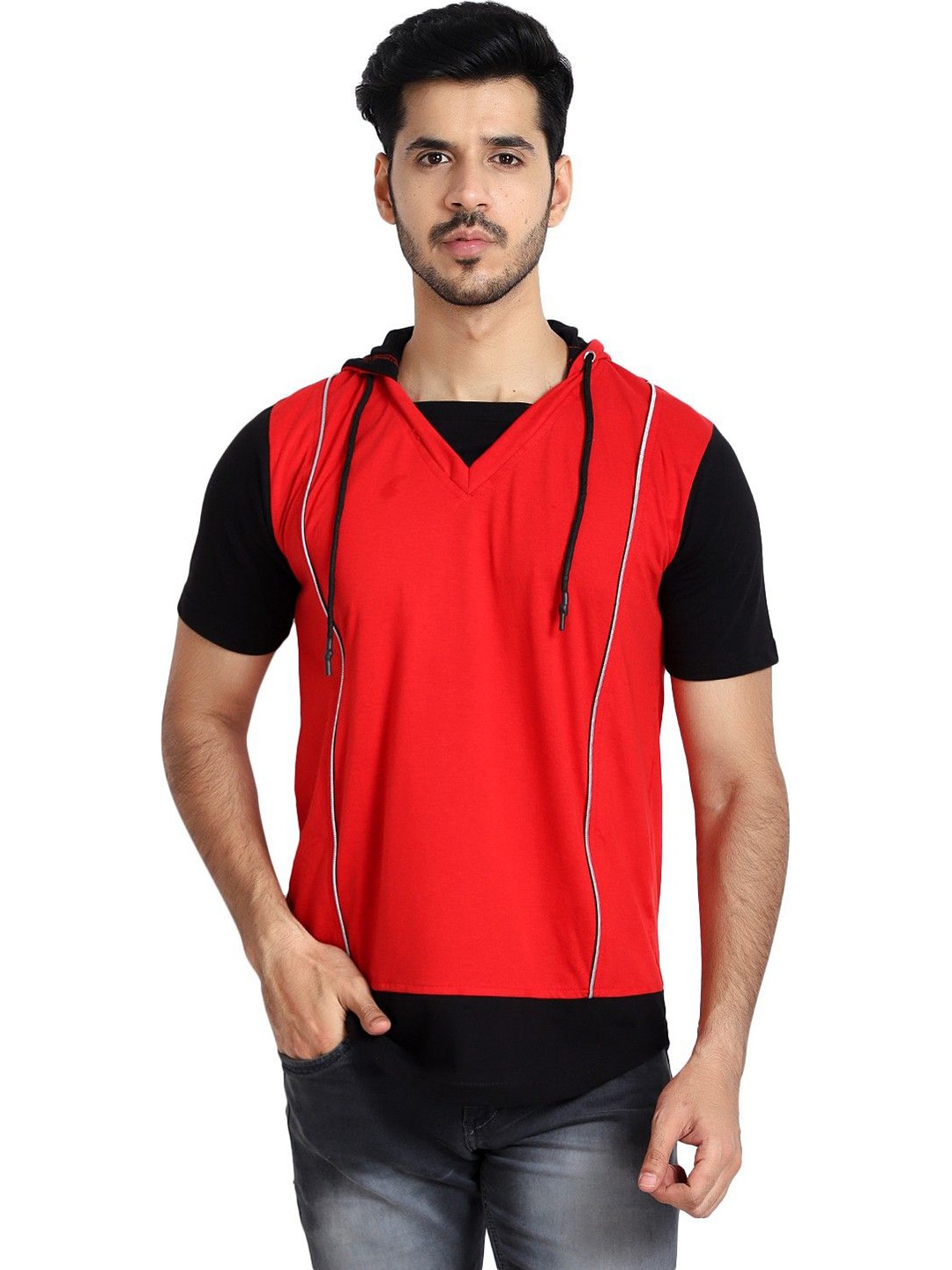 

Black Collection Men Solid Hood Cotton Slim Fit T-shirt, Red