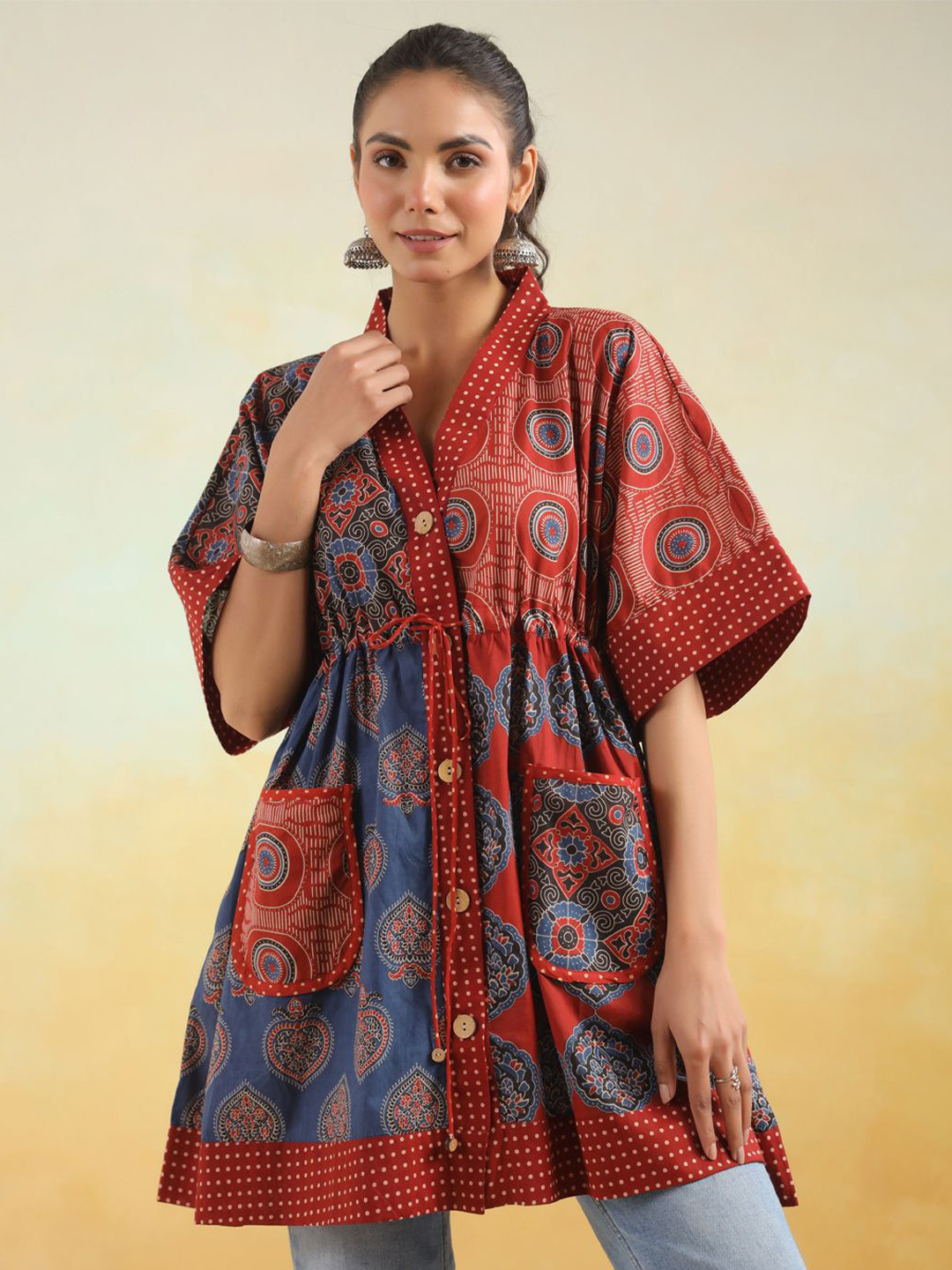 

Jaipur Morni Floral Print Kimono Sleeve Ethnic Cotton Kaftan Top, Red
