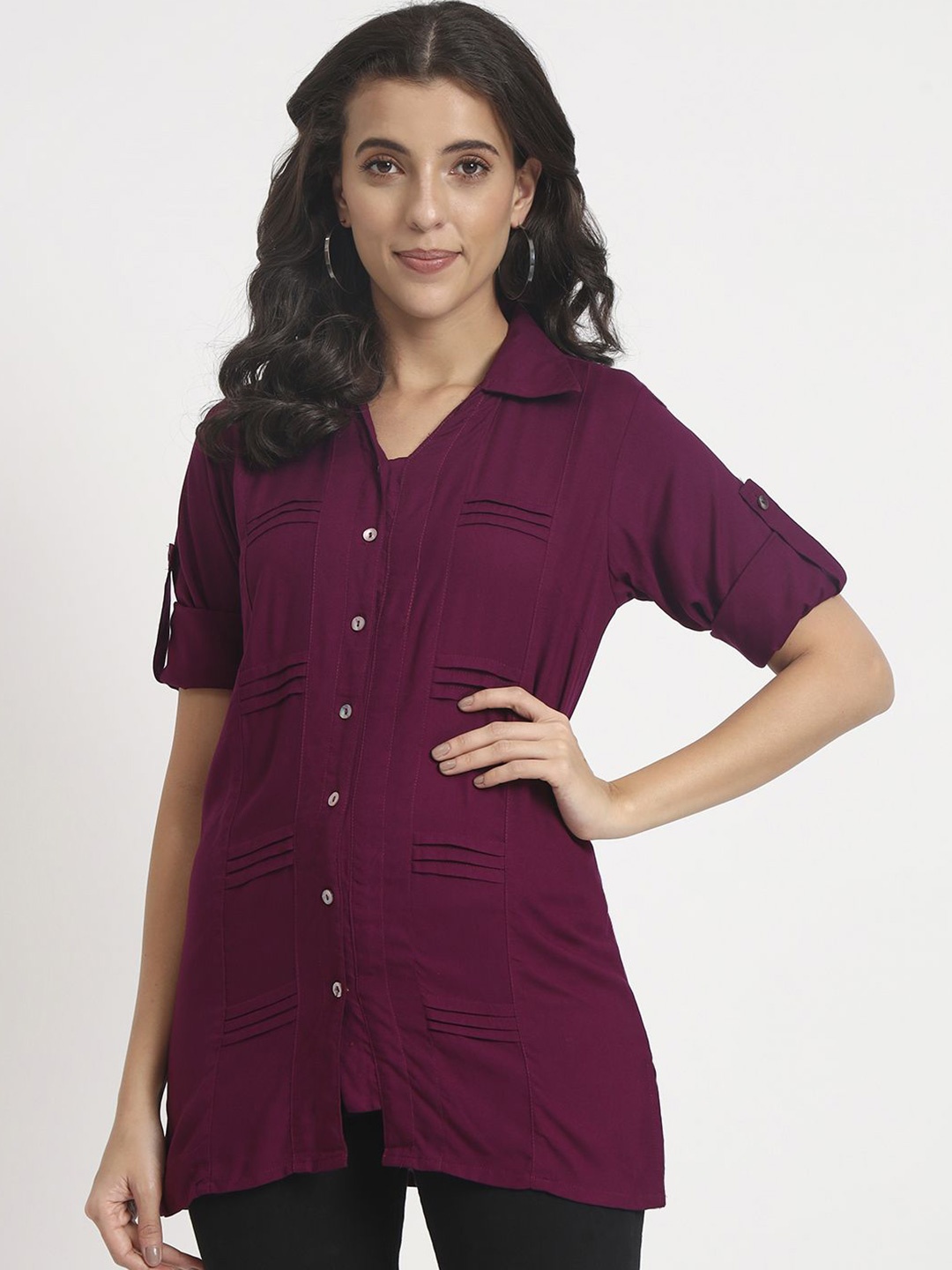 

ANGOORI FASHION Women Straight Fit Spread Collar Solid Casual Shirt, Purple