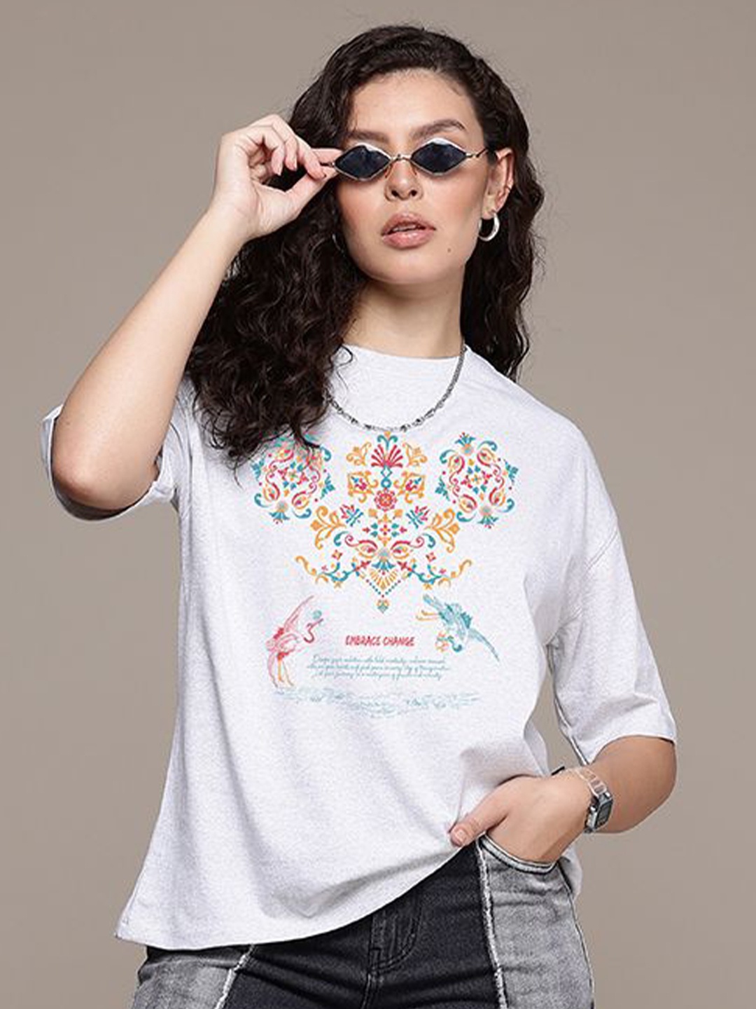 

The Roadster Lifestyle Co. Women Graphic Printed Round Neck Cotton Oversized T-shirt, White