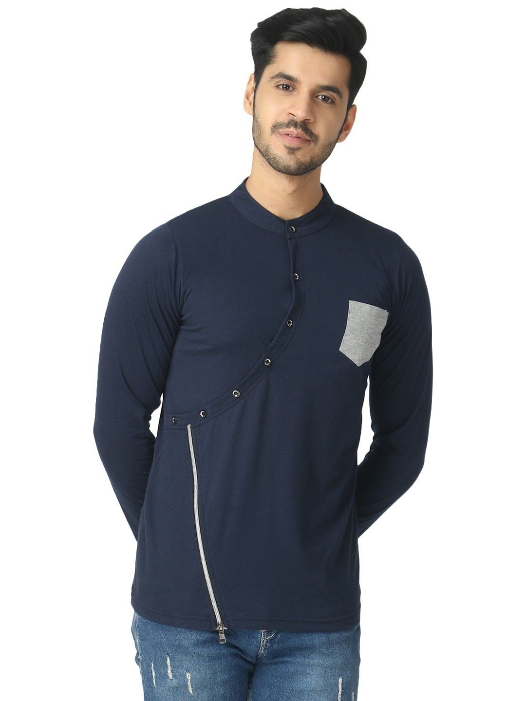 

Black Collection Men Colourblocked Mandarin Collar T-shirt, Navy blue