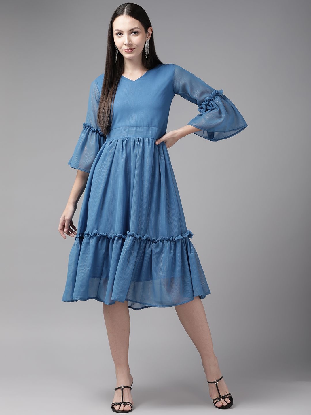 

CORSICA V-Neck Bell Sleeves Georgette Tiered Fit and Flare Dress, Blue