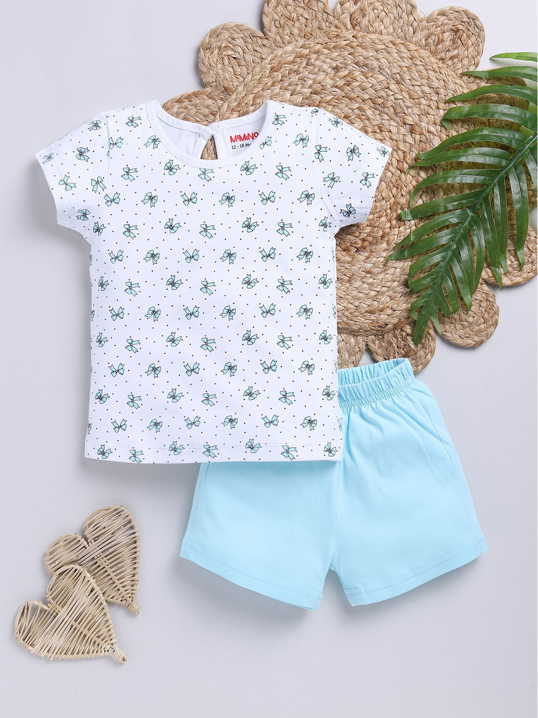 

MIMINO Girls Printed Round Neck Pure Cotton T-Shirt With Shorts, Blue