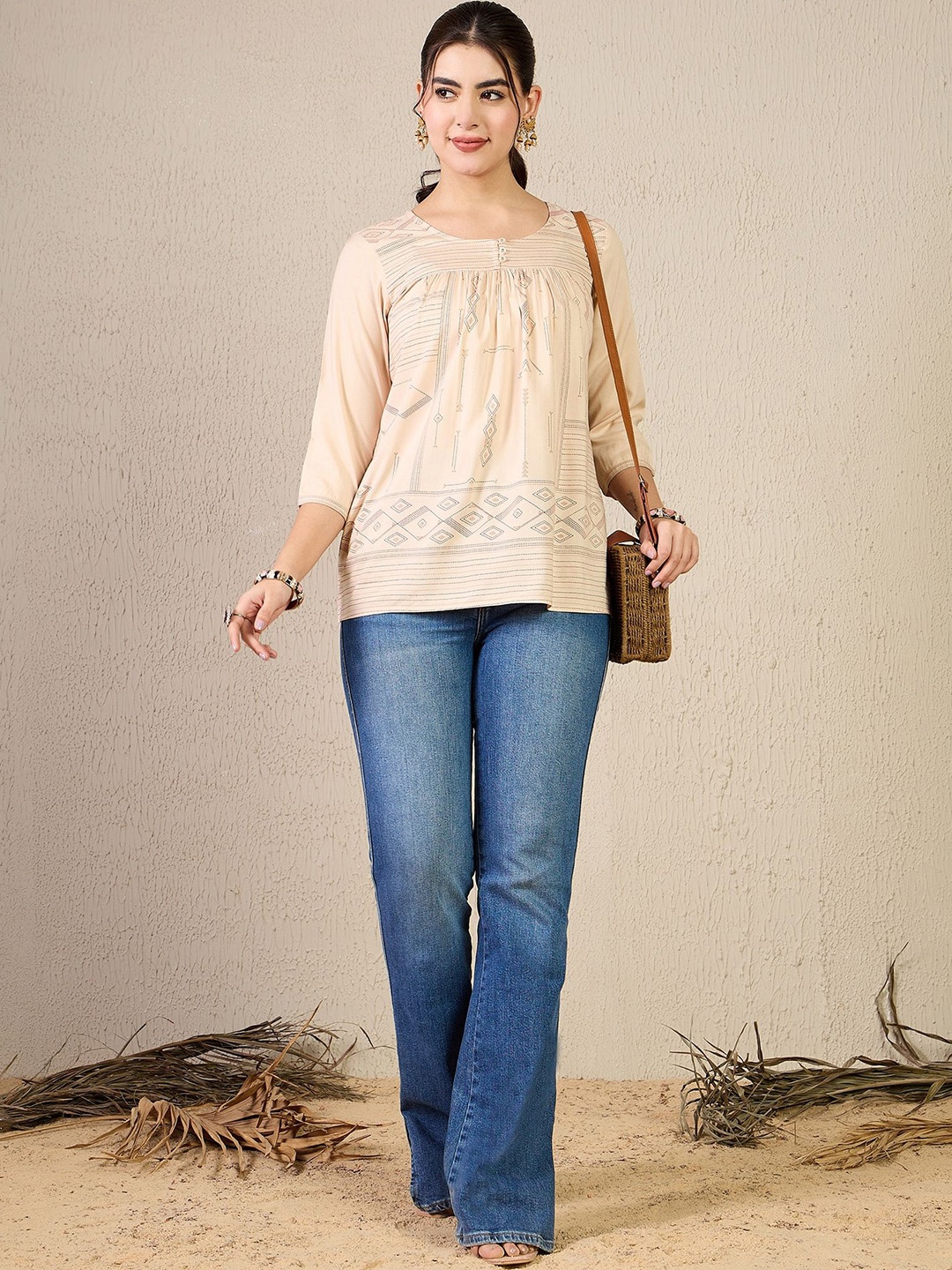 

Anouk Women Geometric Printed Round Neck A-Line Top, Beige