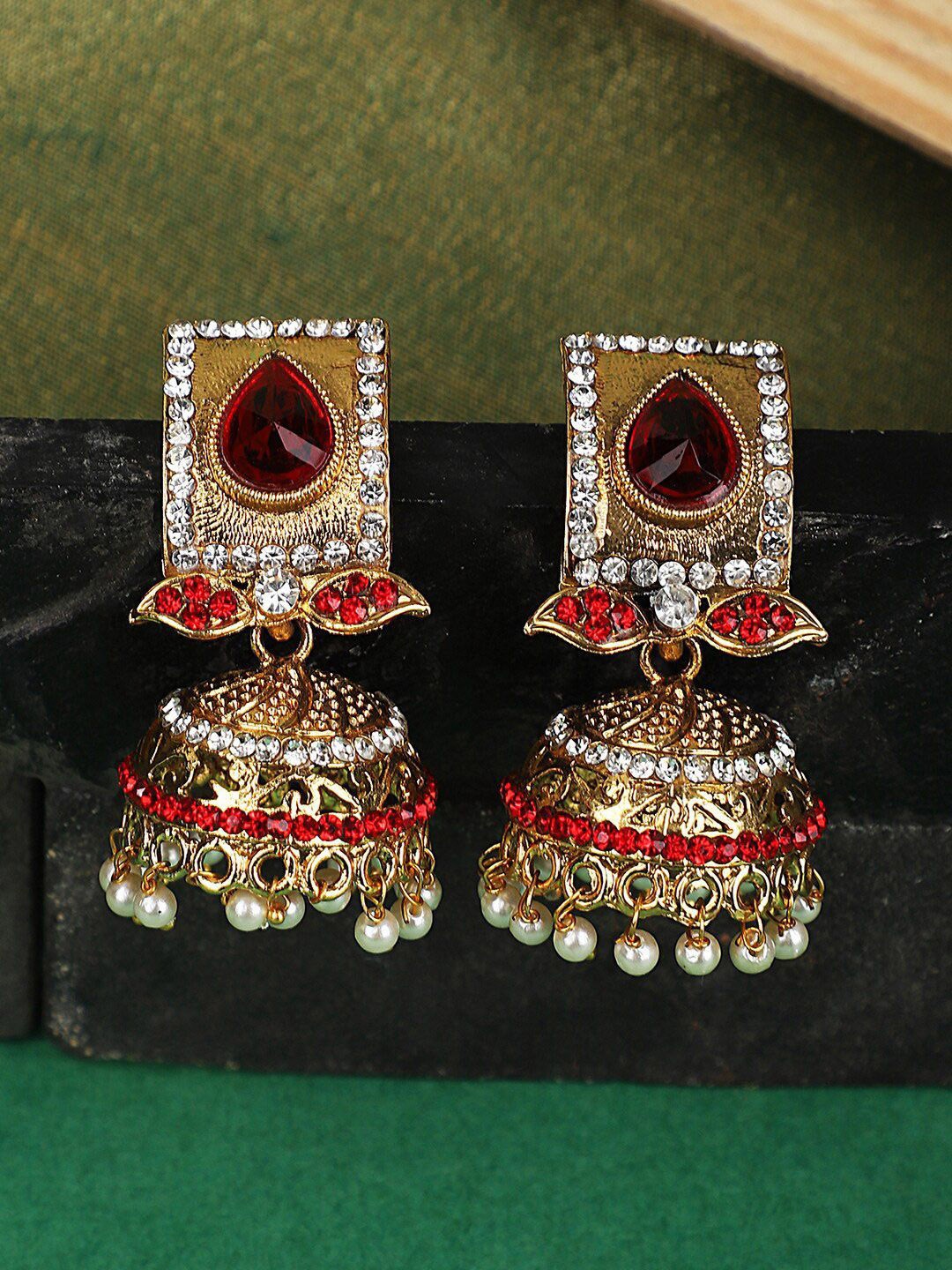 

Anouk Gold-Plated Artificial Stones Studded And Beaded Dome Shaped Jhumkas, Red
