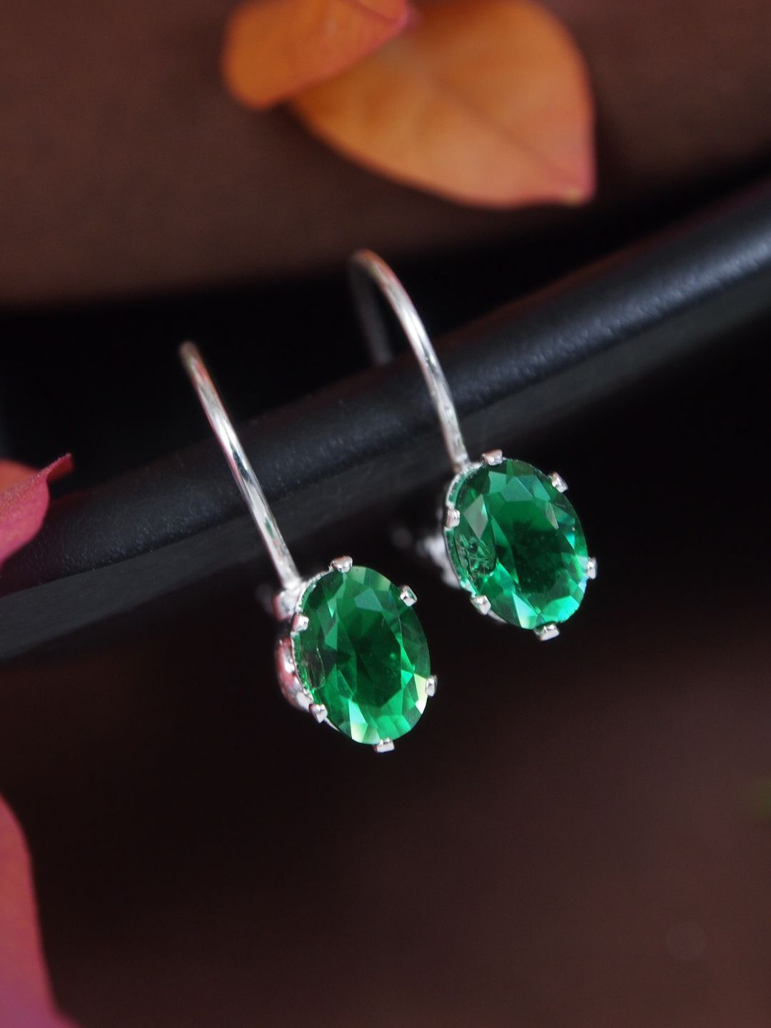 

I Jewels Silver-Plated Artificial Stones Studded Oval Shaped Drop Earrings