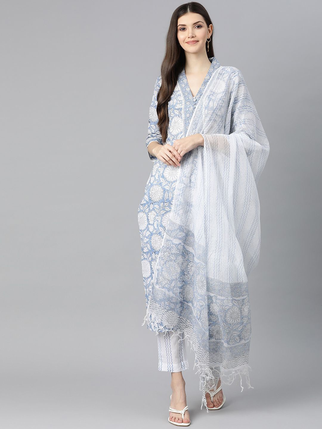 

Chandbaali Floral Printed V-Neck Pure Cotton Straight Kurta With Trousers & Dupatta, Blue