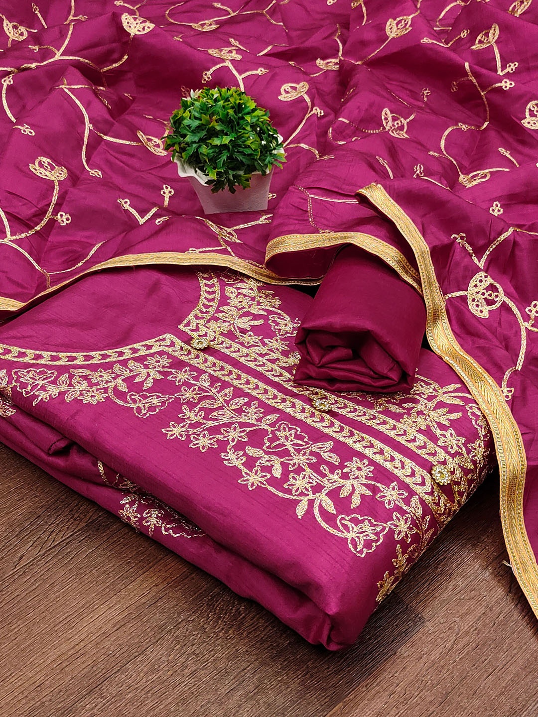 

MANVAA Floral Embroidered Thread Work Silk Unstitched Dress Material, Pink