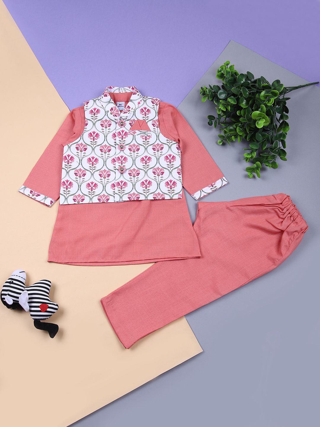 

V-Mart Infant Band Collar Straight Kurta With Pyjamas And Nehru Jacket, Pink