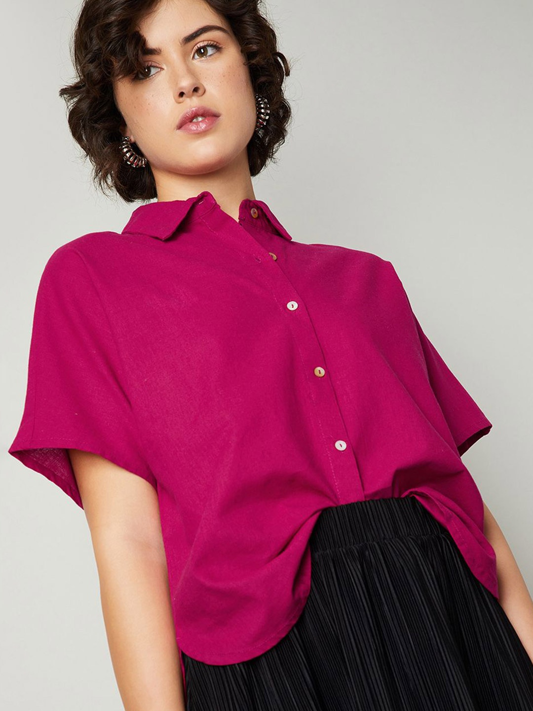 

max Women Relaxed Fit Spread Collar Solid Cotton Linen Casual Shirt, Pink