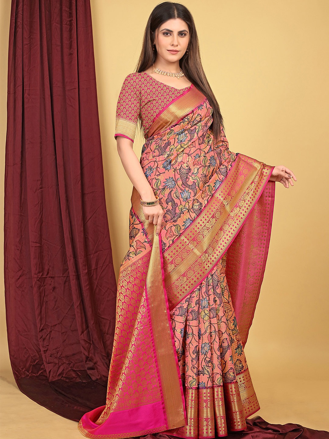 

Kandora Woven Design Zari Pure Silk Paithani Saree, Peach