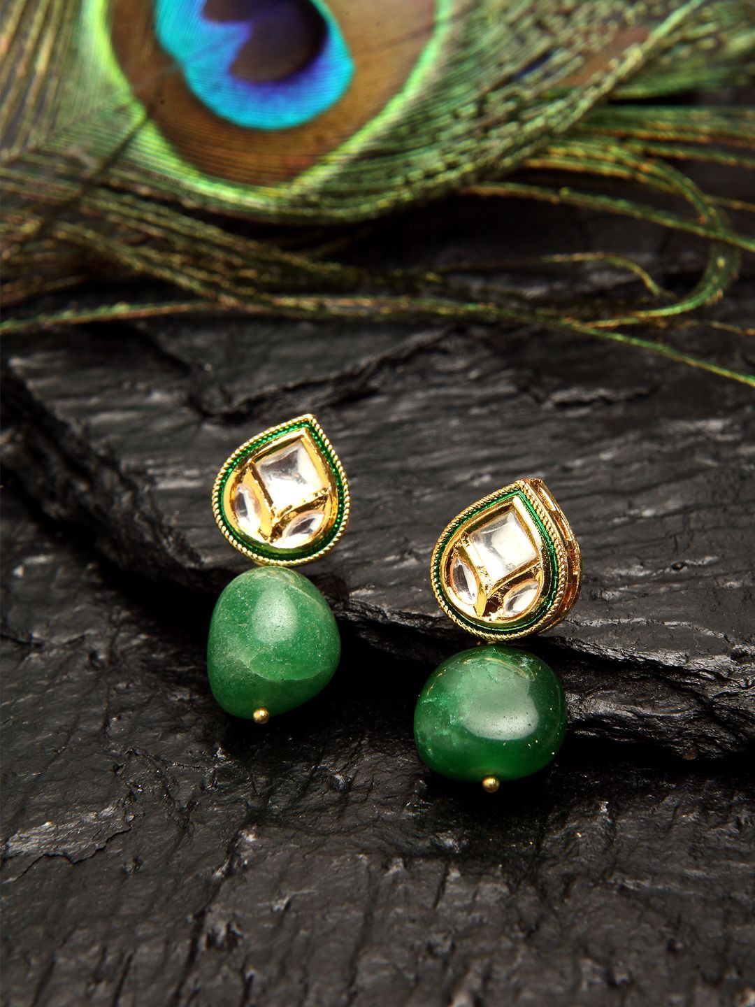 

DUGRISTYLE Gold-Plated Kundan Studded Contemporary Shaped Drop Earrings, Green