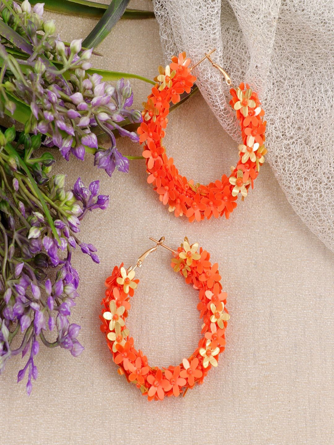 

DressBerry Gold-Plated Orange Artificial Beaded Floral Hoop Earrings