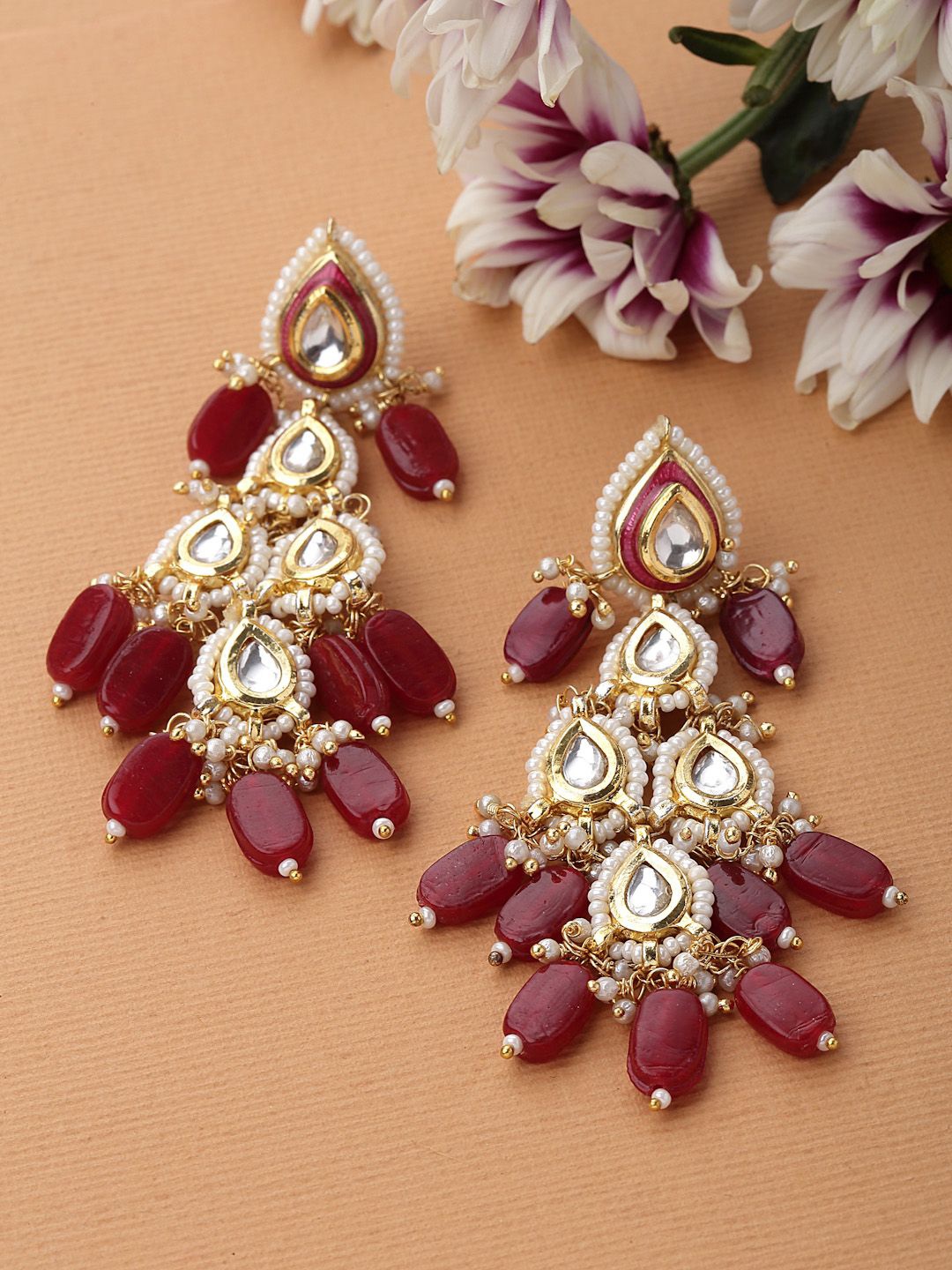 

DUGRISTYLE Gold-Plated Kundan-Studded Contemporary Drop Earrings