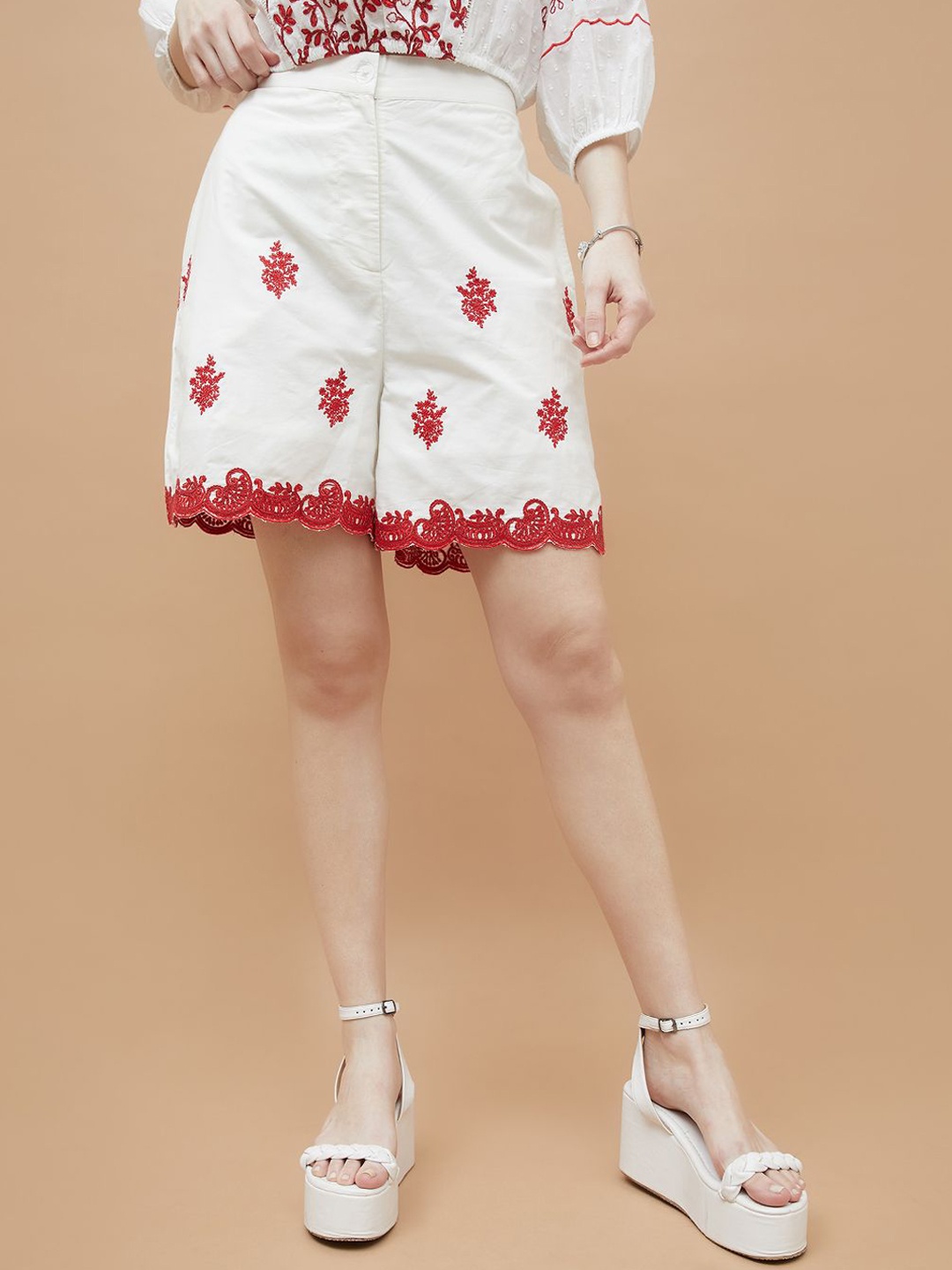 

Colour Me by Melange Women Cotton Floral Embroidered Shorts, White