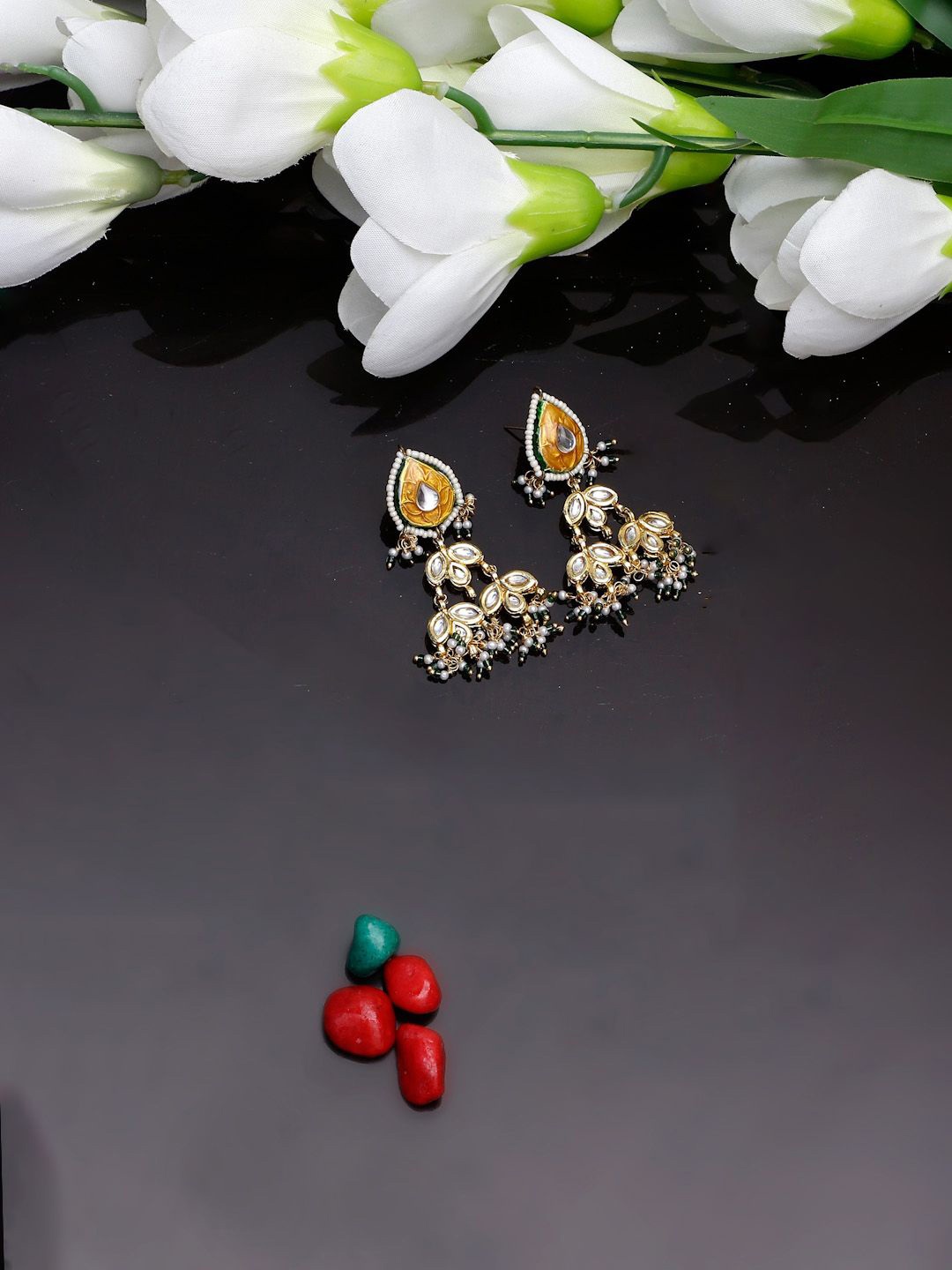 

DUGRISTYLE Gold-Plated Kundan Studded Contemporary Shaped Drop Earrings, Orange