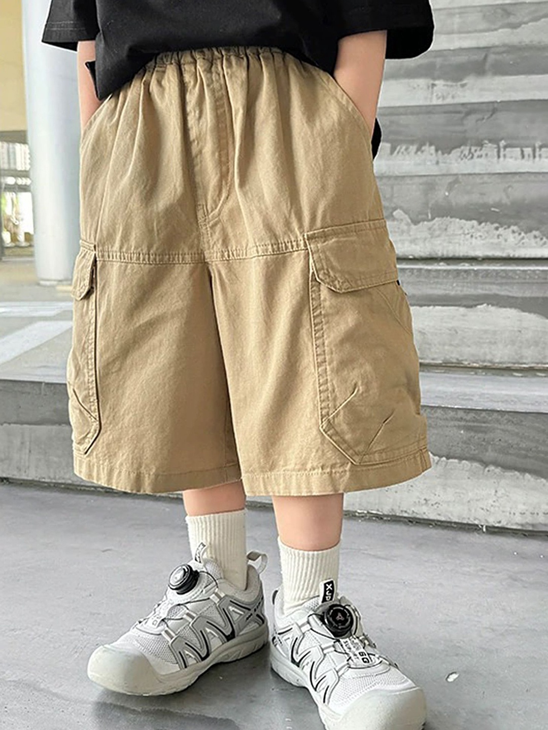 

LULU & SKY Boys Pure Cotton Loose Fit High-Rise Shorts, Beige