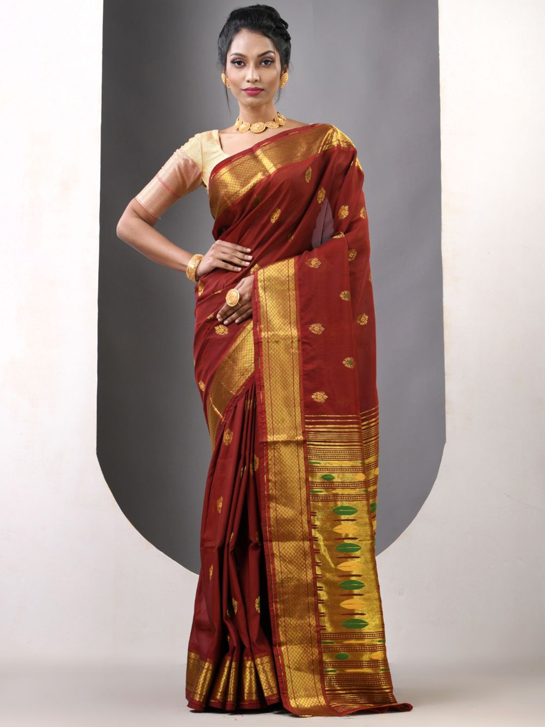 

Charukriti Ethnic Motifs Zari Designer Paithani Saree, Brown