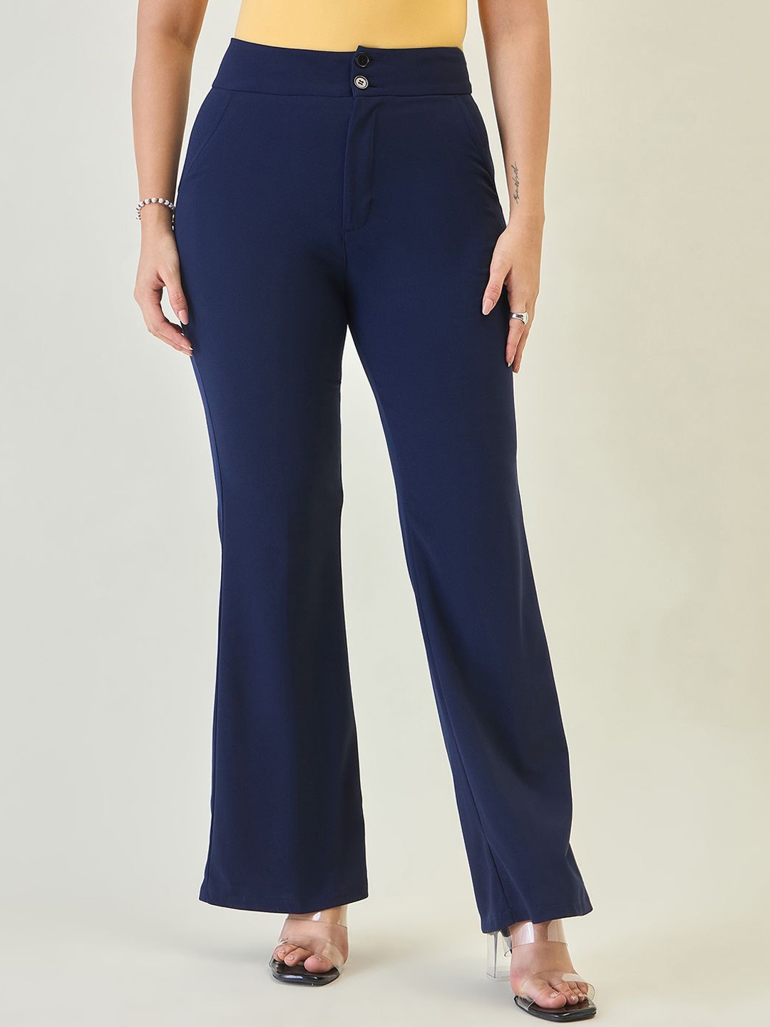 

aayu Women Relaxed High-Rise Wrinkle Free Flared Trousers, Blue