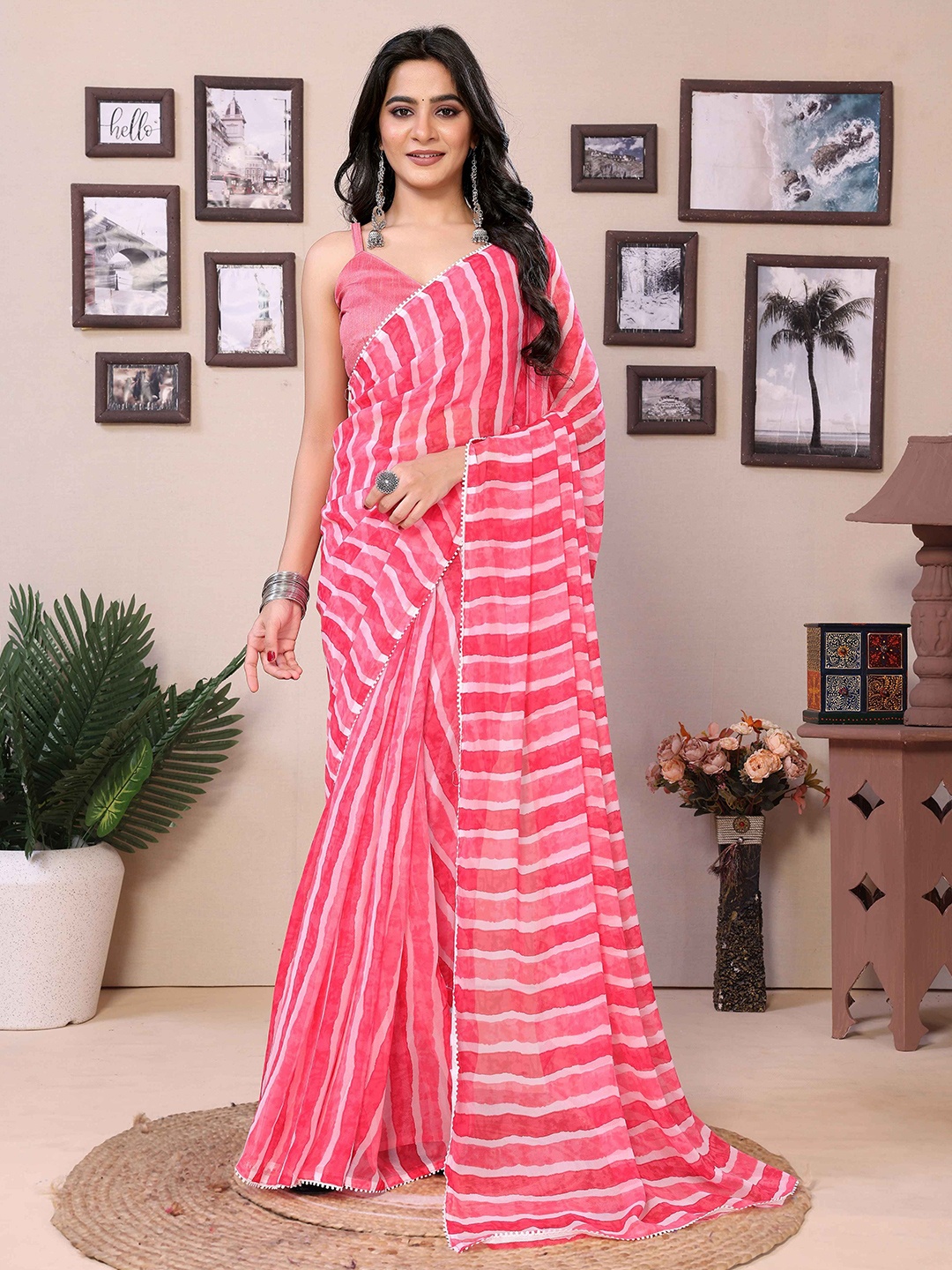 

Rhey Striped Pure Georgette Ready to Wear Saree, Pink