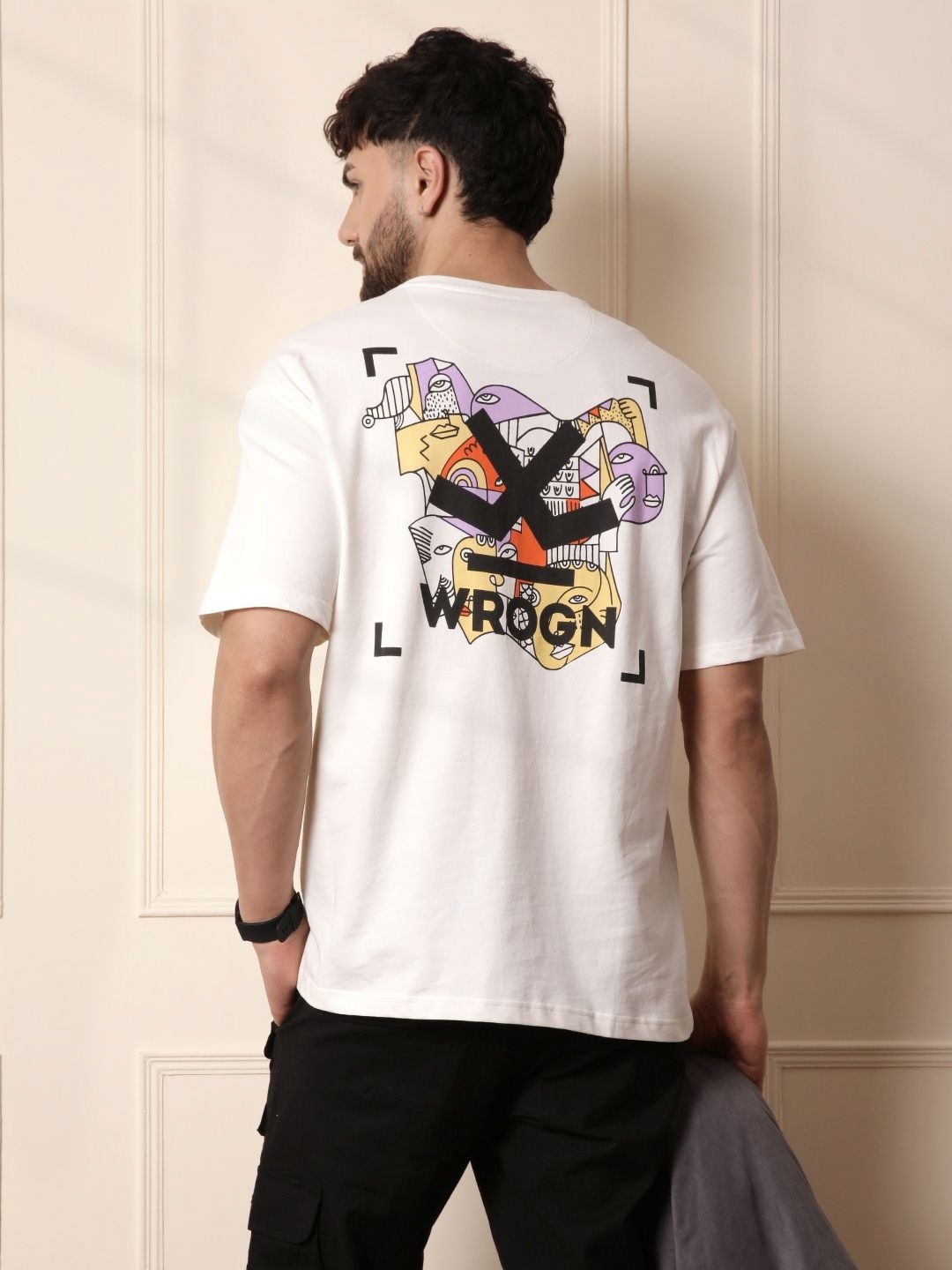 

WROGN Men Graphic Printed Round Neck Cotton Oversized T-shirt, Off white