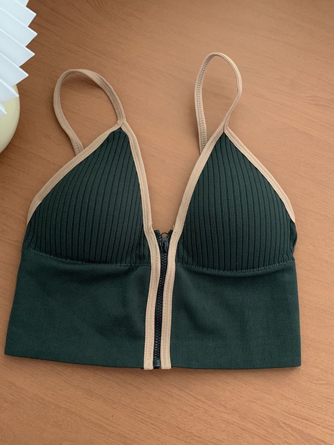 

MADE FOR HER LABEL Women Emery Zipper Plunging Neckline Cami Bralette top, Green