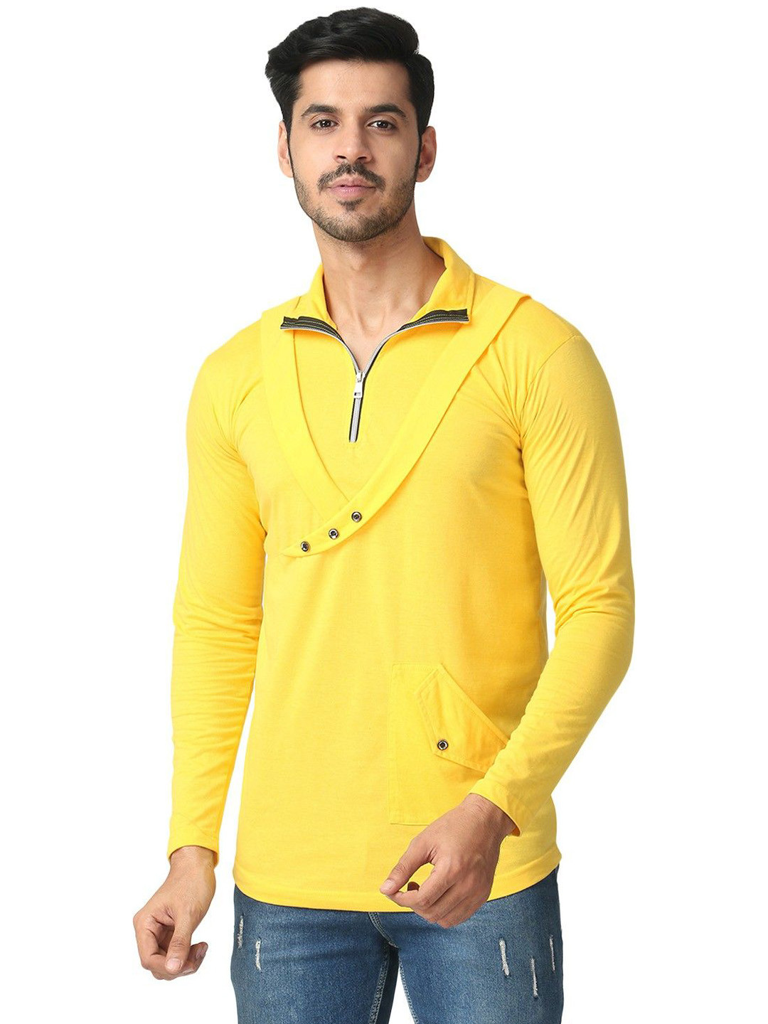 

Black Collection Men Solid High Neck Cotton Slim Fit T-shirt, Yellow