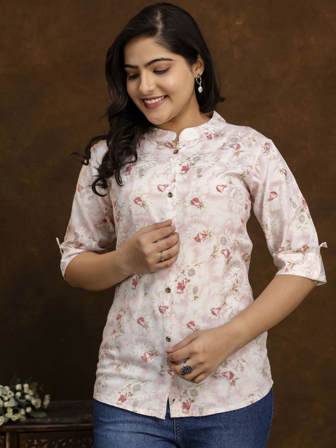 

The Bliss Fashion Women Comfort Fit Band Collar Floral Printed Casual Shirt, Pink