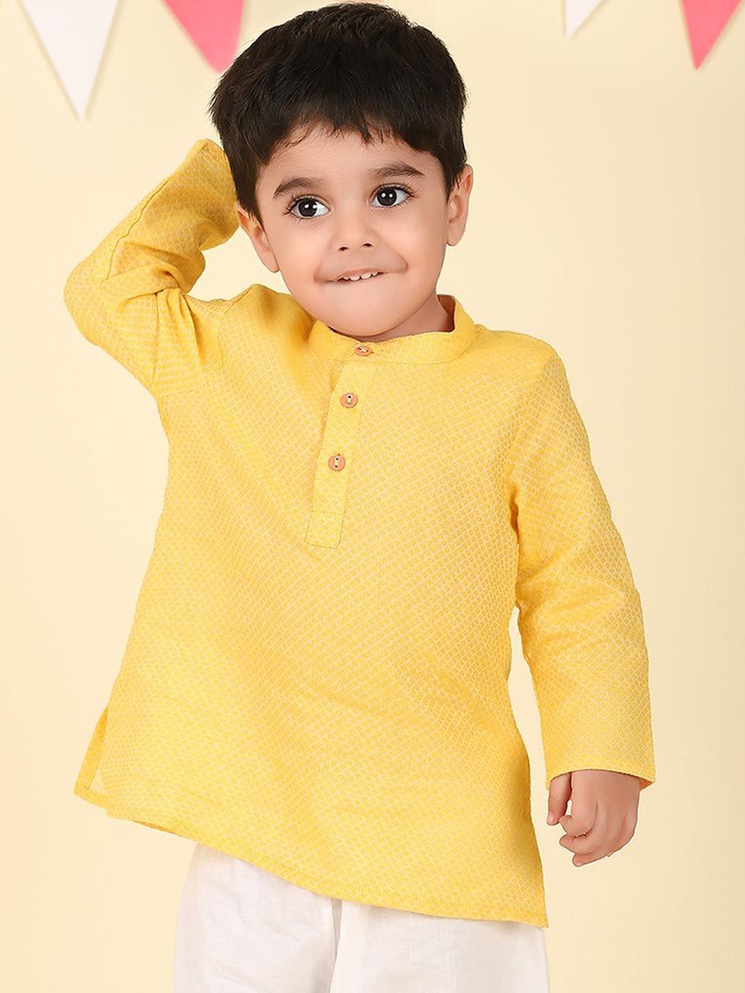 

Fabindia Boys Woven Design Band Collar Straight Cotton Kurta, Yellow