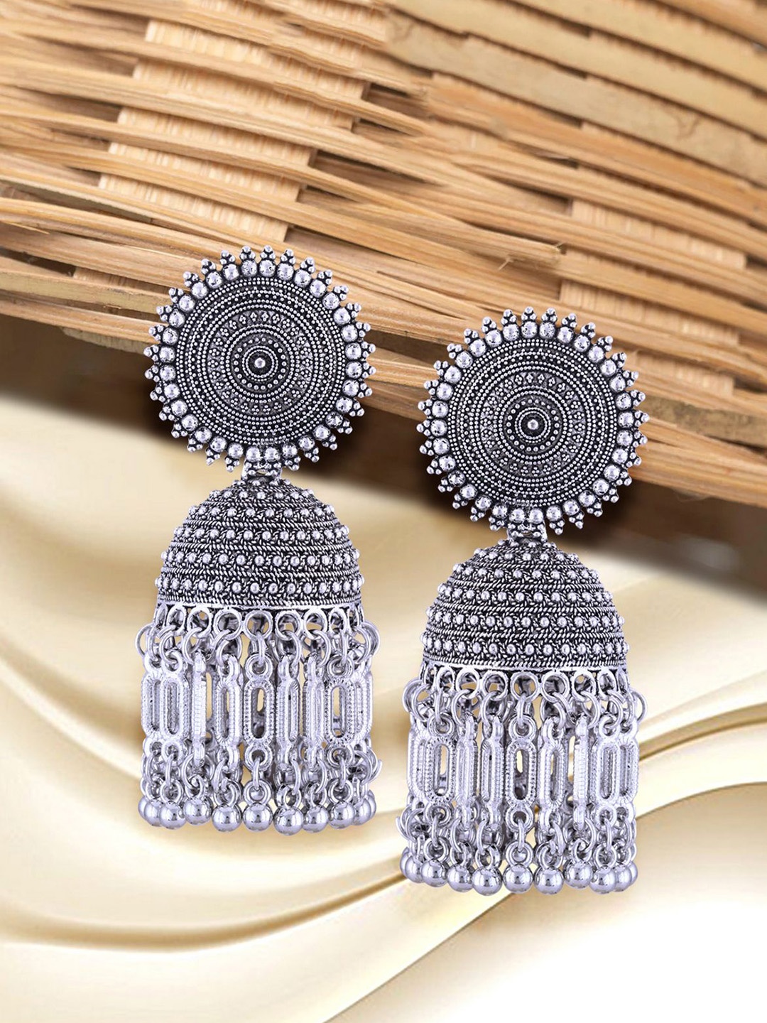 

Anouk Rhodium-Plated Dome Shaped Oxidised Jhumkas, Silver