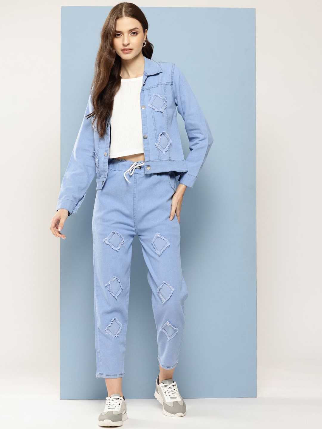 

CORSICA Round Neck Pure Cotton Top With Trousers And Jacket, Blue