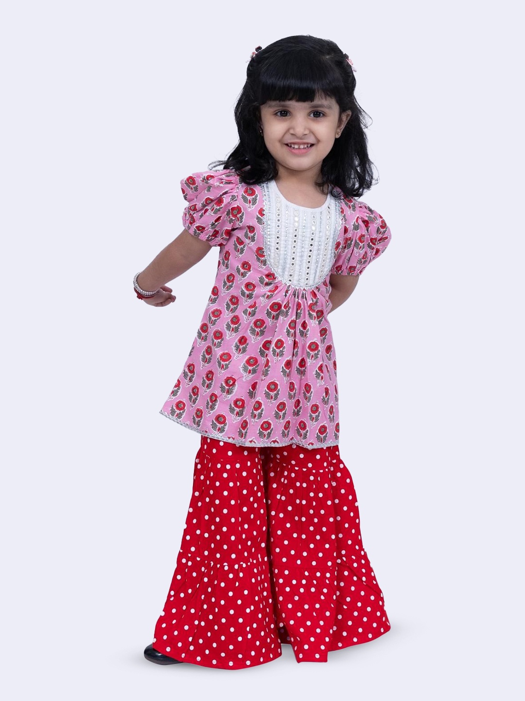 

Twisha Floral Printed Round Neck Pure Cotton A-Line Kurta With Sharara, Pink