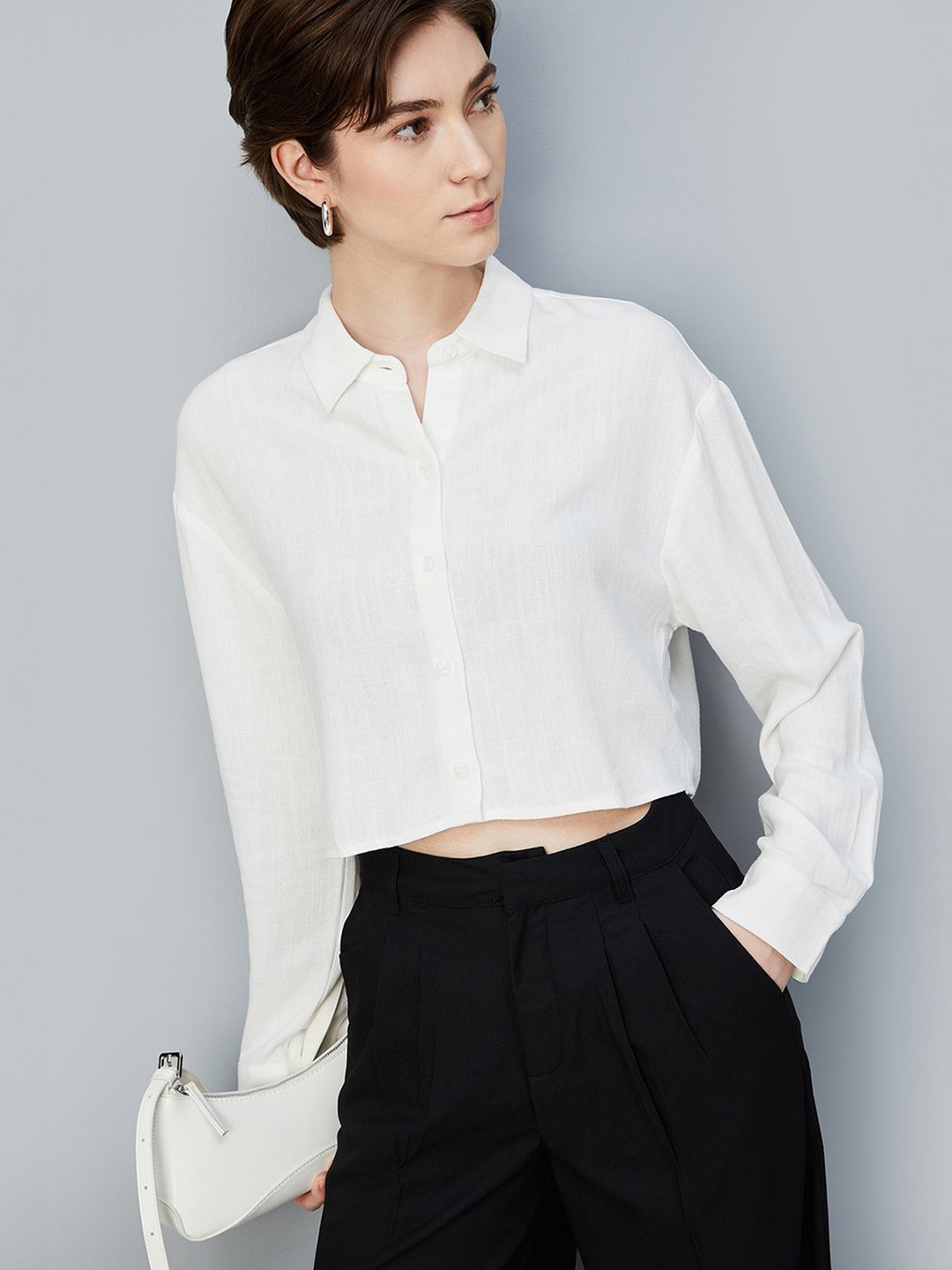 

max Women Boxy Fit Spread Collar Solid Casual Shirt, White