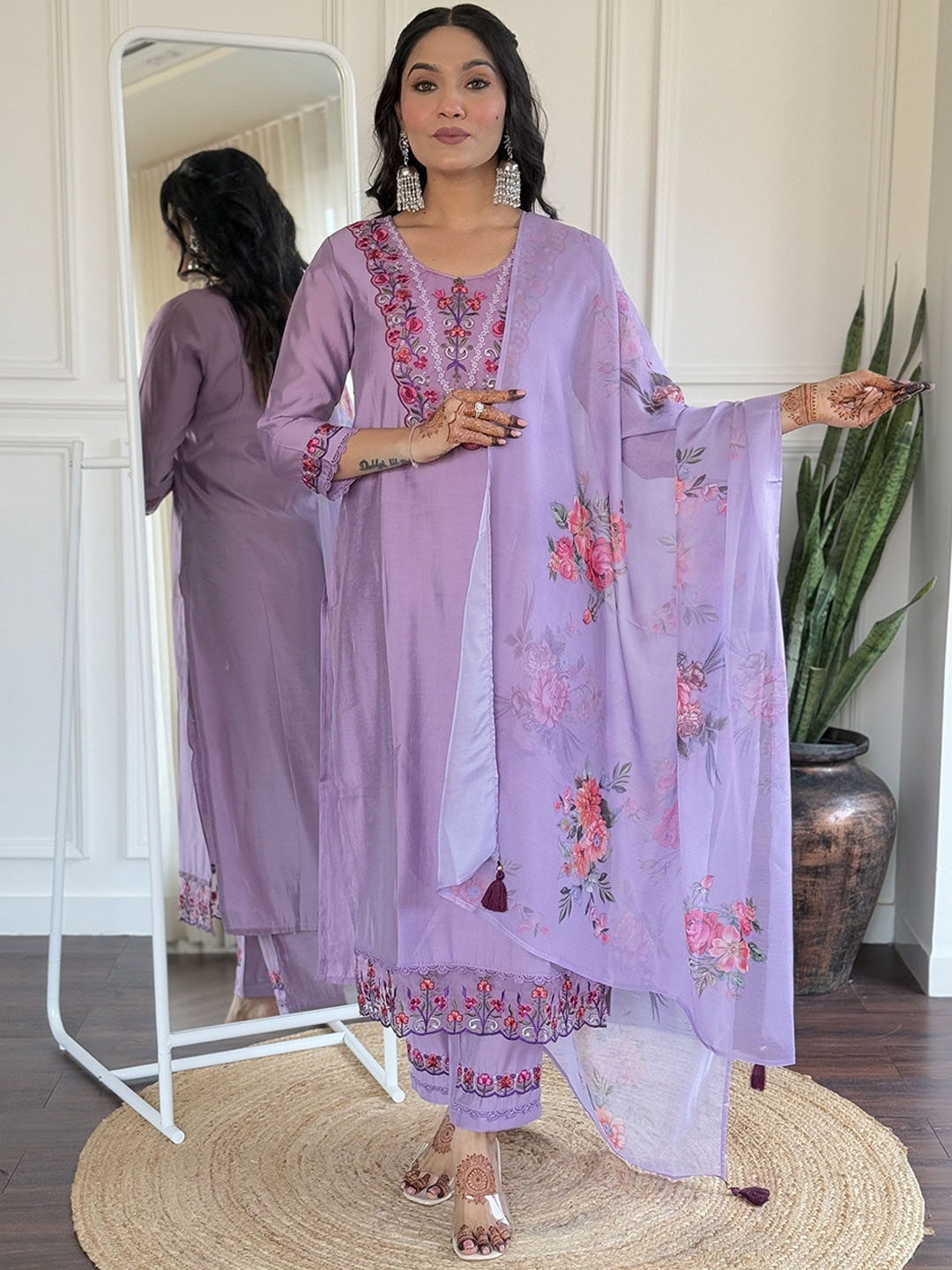 

KALINI Women Ethnic Motifs Regular Chanderi Silk Kurta with Trousers & With Dupatta, Purple