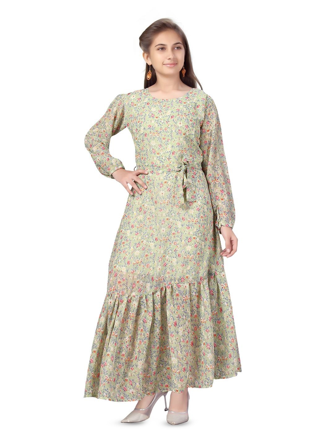 

Aarika Girl Floral Print Round Neck Puff Sleeves Maxi Dress Comes with a belt, Green