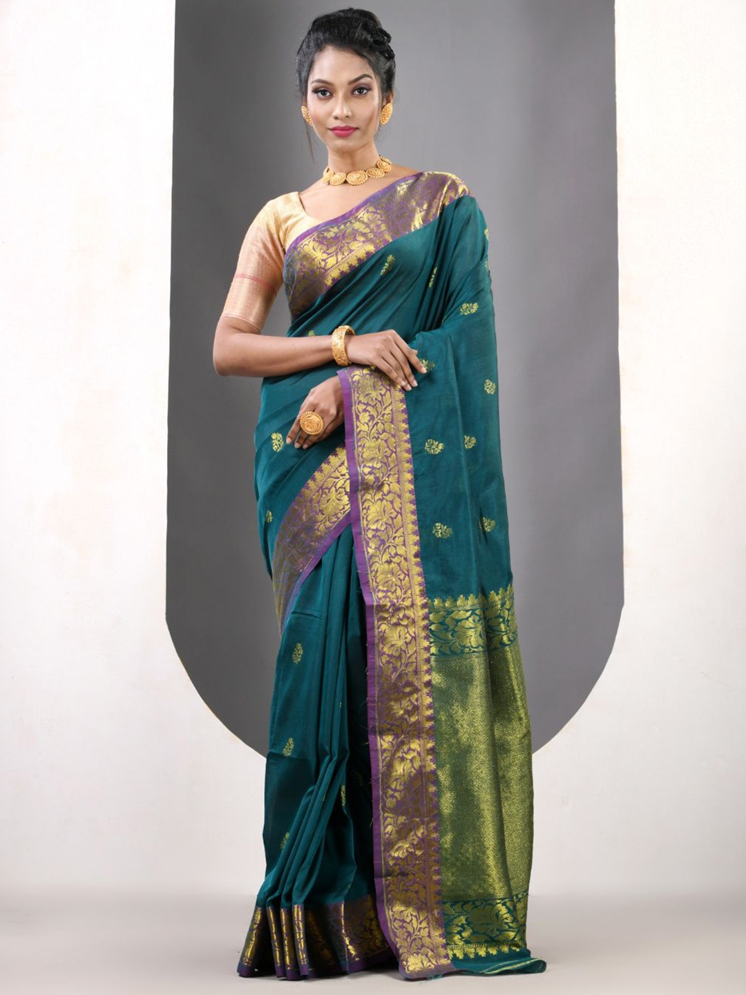 

Charukriti Ethnic Motifs Zari Silk Blend Designer Saree, Teal