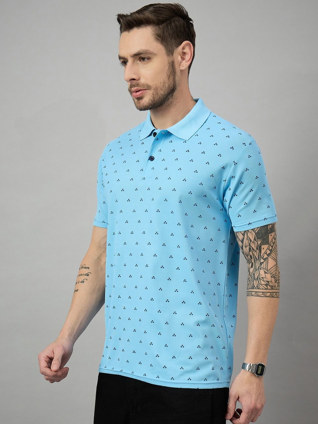 

BRONATION Men Geometric Printed Polo Collar Cotton T-shirt, Turquoise blue