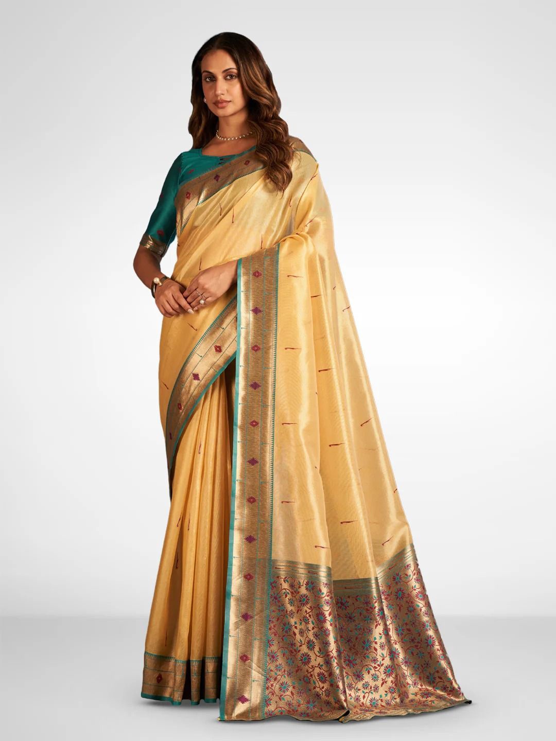 

NK Textiles Ethnic Motifs Tissue Paithani Saree, Yellow