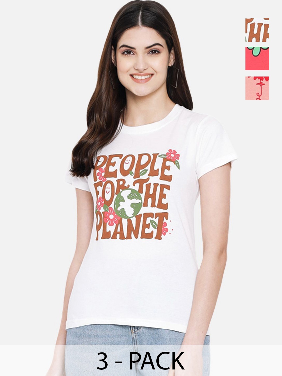 

Dreambe Women Pack Of 3 Typography Printed Round Neck Cotton T-shirts, White